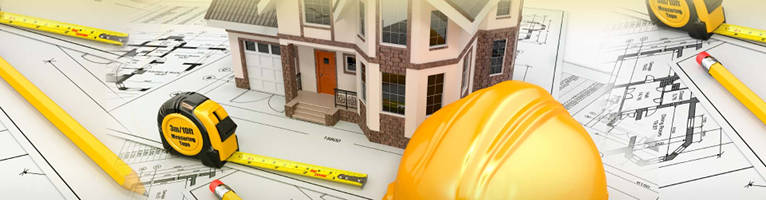 Banner image of hard hat, model house and construction plans.